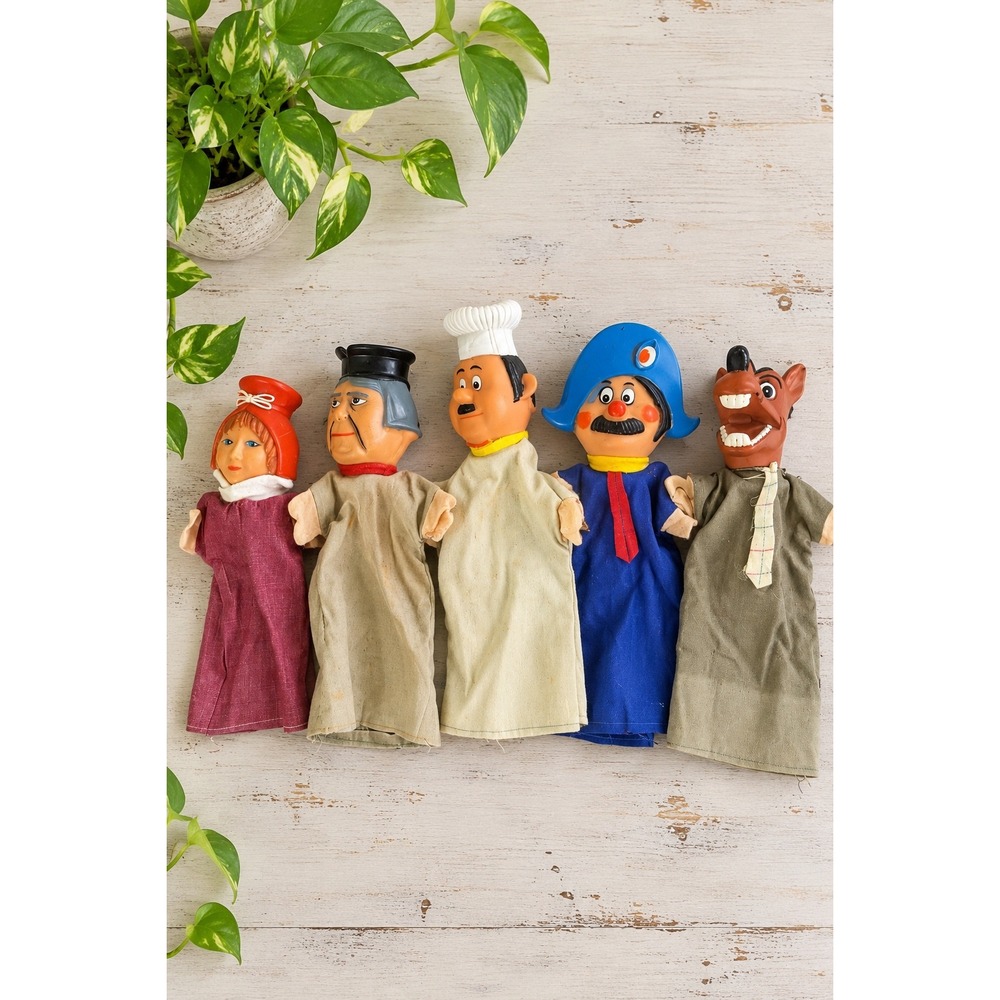 Vintage Hand Puppets Set of 5 Folk Art Storybook Characters Chef King
